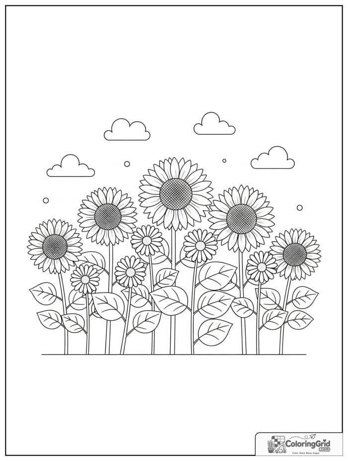 Spring Flowers Coloring Pages featuring a row of sunflowers and daisies.