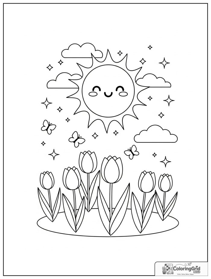 Weather Coloring Pages for Seasons showing spring sunshine on tulips.