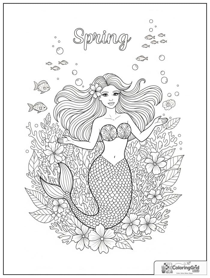 Mermaid coloring page featuring a spring inspired mermaid with blossoms.