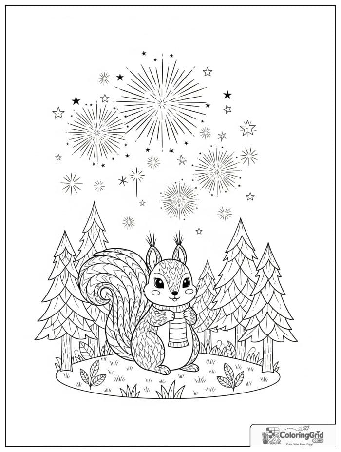 Cute squirrel in a forest watching fireworks.