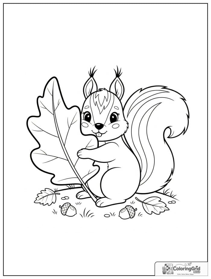 Autumn Leaves Coloring Pages showing a squirrel holding a big leaf.
