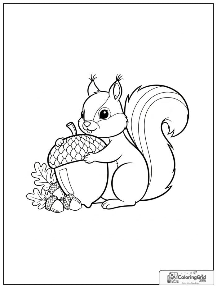 Fall Coloring Pages showing a squirrel with an acorn pile.