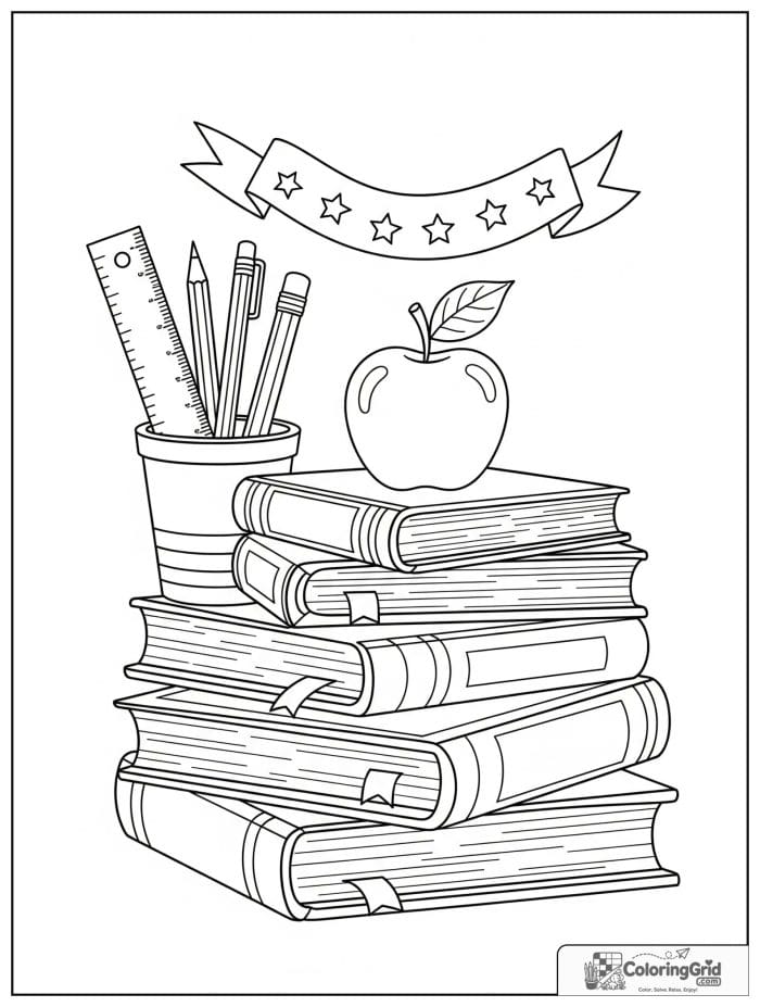 Back to school coloring page featuring books and an apple.