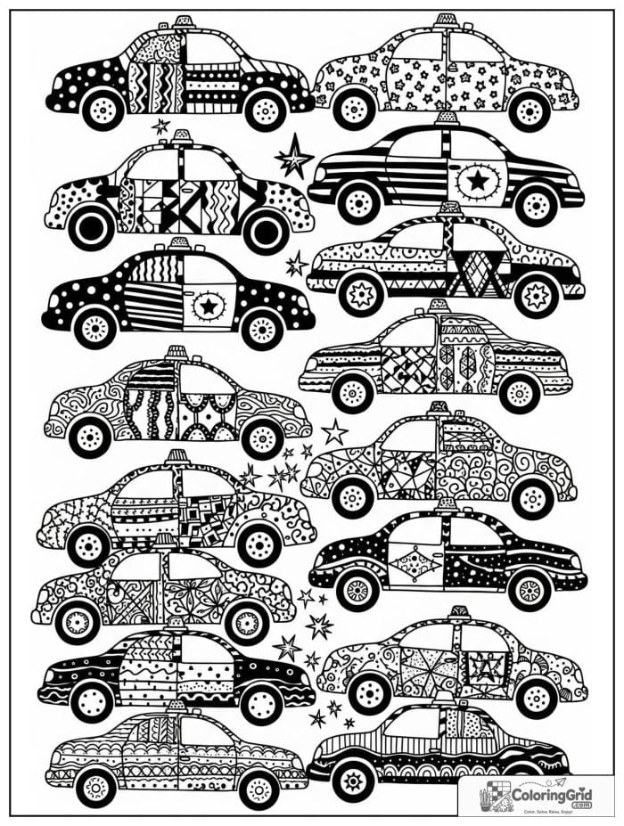 Stacked patterned police cars black and white illustration