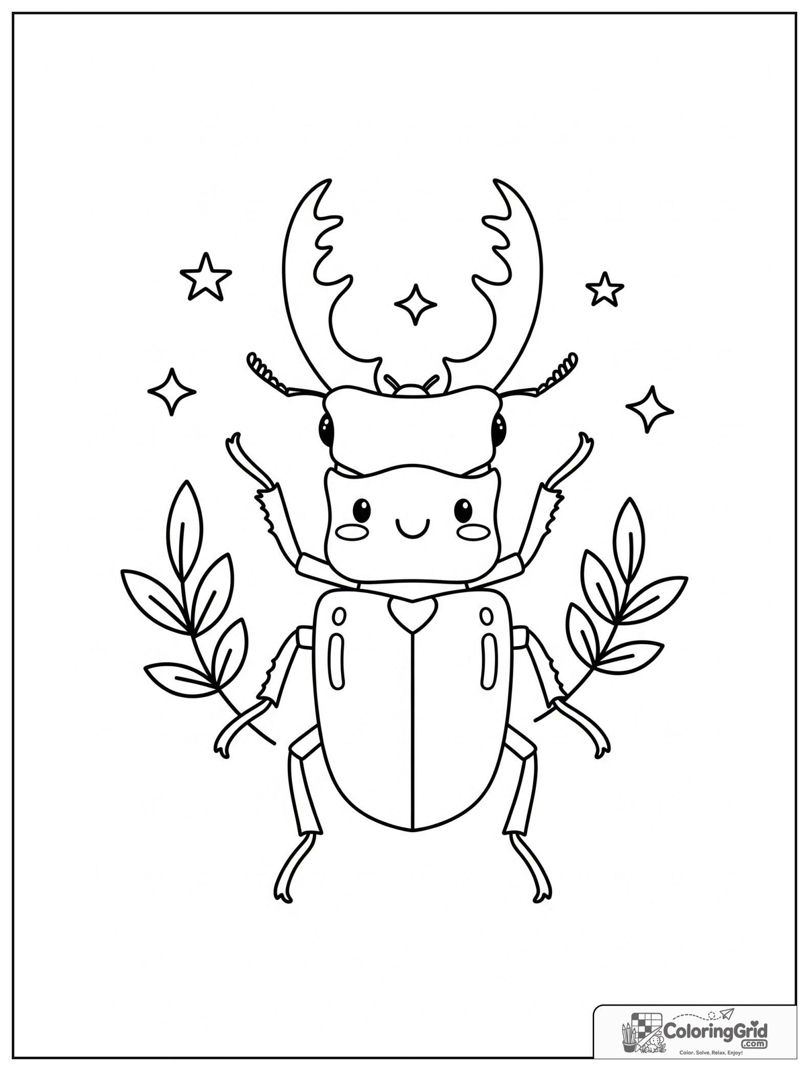 Cute stag beetle with small star and leaf decorations.