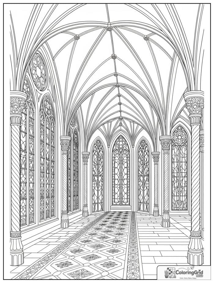 Castle coloring page featuring a castle hall with stained glass style windows.