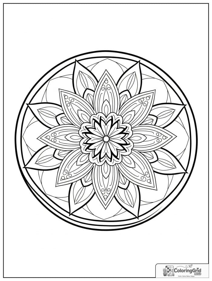 Mandala coloring page featuring star-shaped petals.
