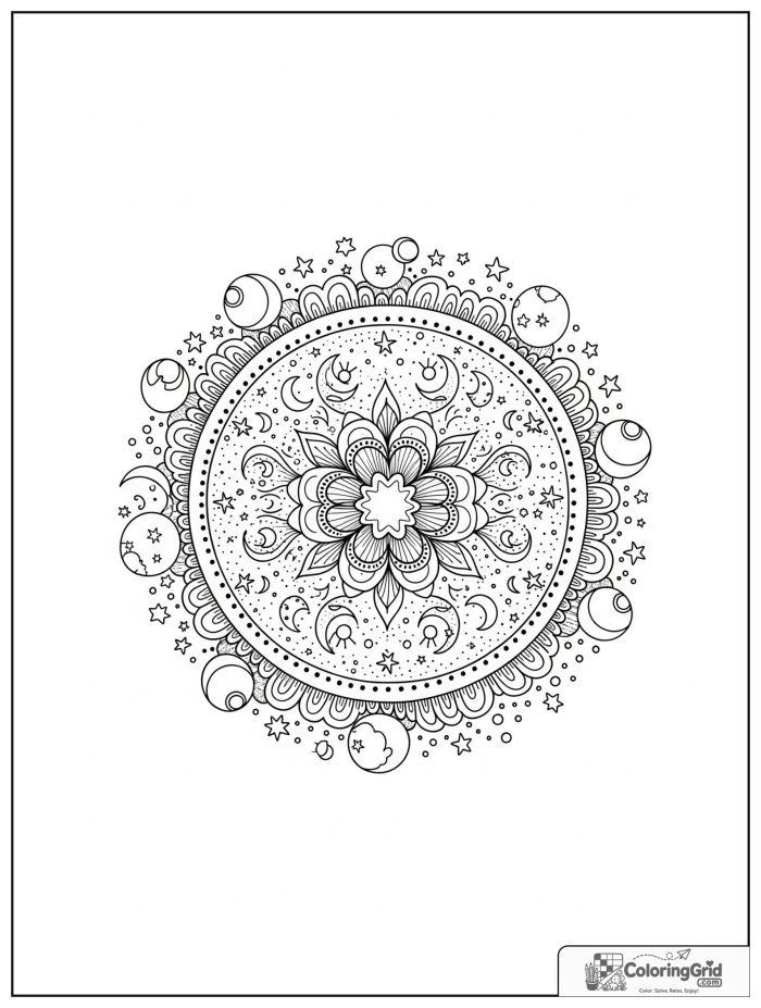 Relaxing starry night mandala with dotted halos and orbital rings.