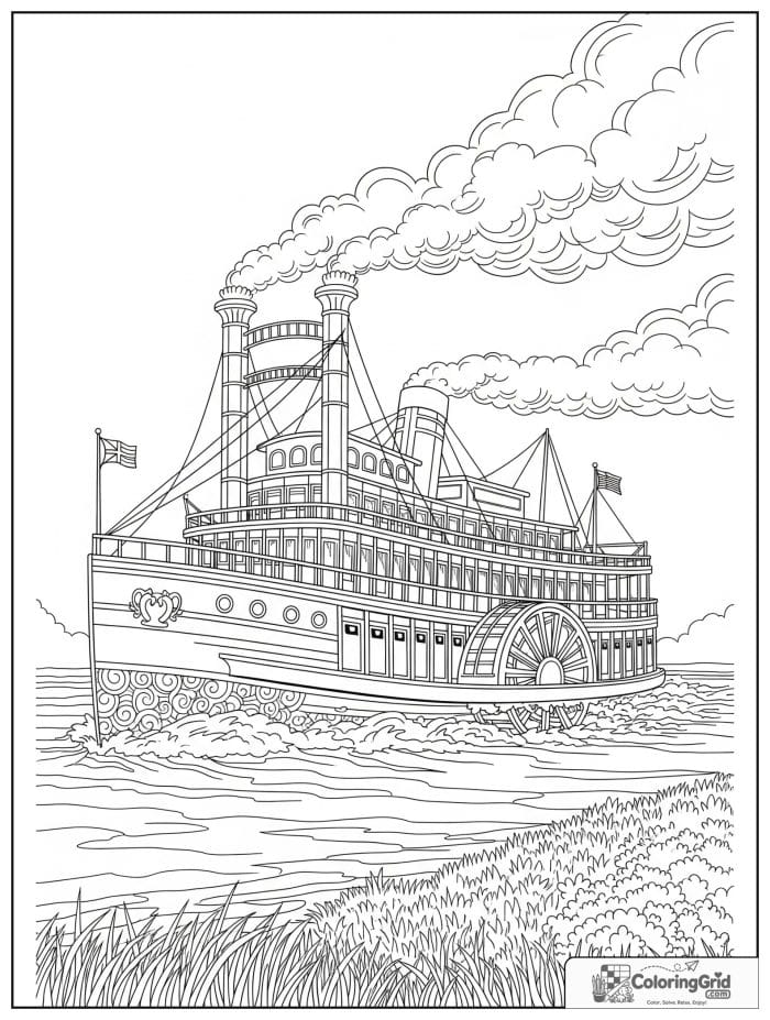 Boat coloring page featuring a steamboat on a wide river.
