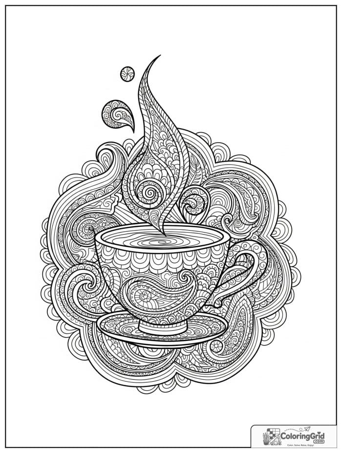 Steaming coffee cup paisley mandala with layered bean forms.