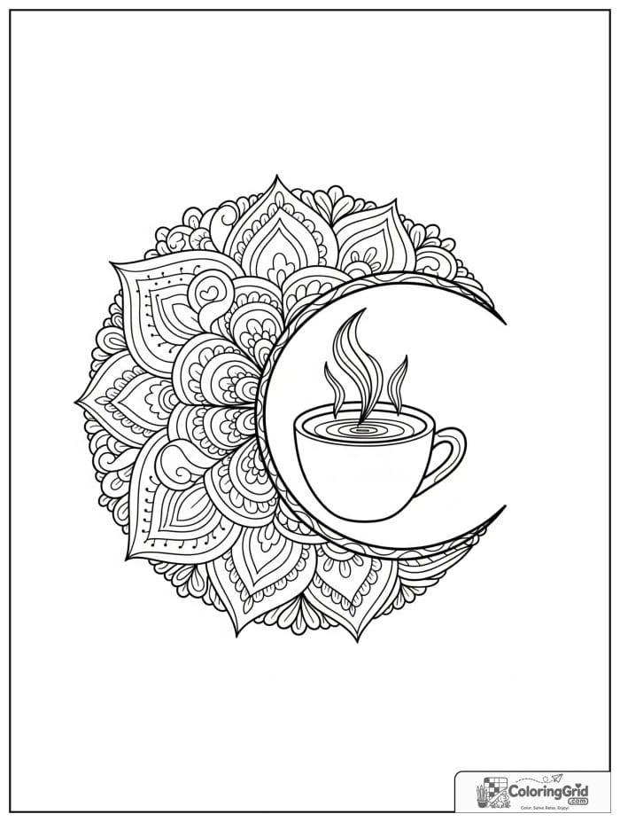 Steaming mug crescent mandala with layered bean outlines.