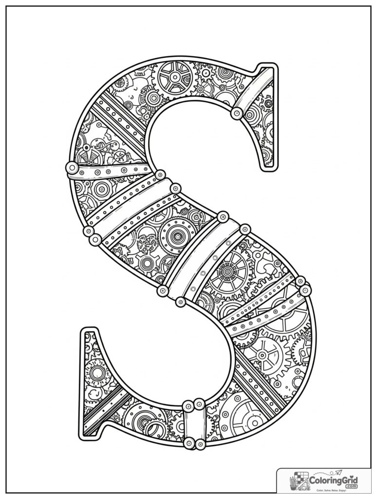 Steampunk letter S adult alphabet coloring design with gears and scrolls