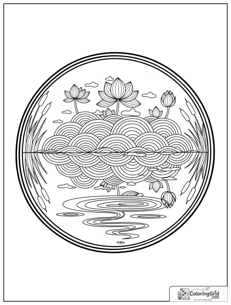 Still lake reflection mindfulness mandala with lotus buds and ripple lines