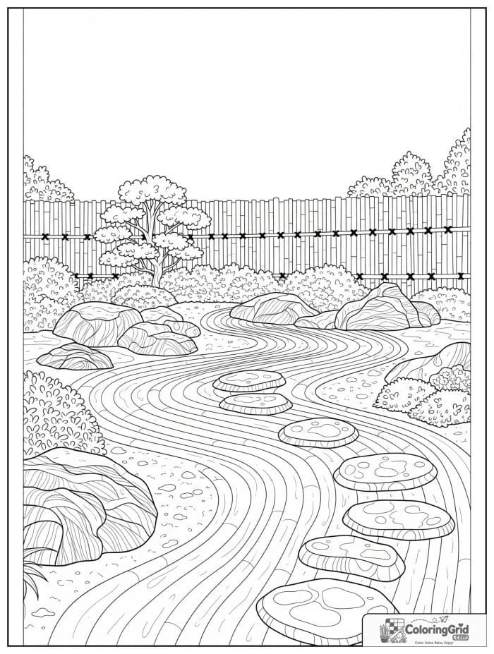 Garden coloring page featuring a peaceful stone garden.