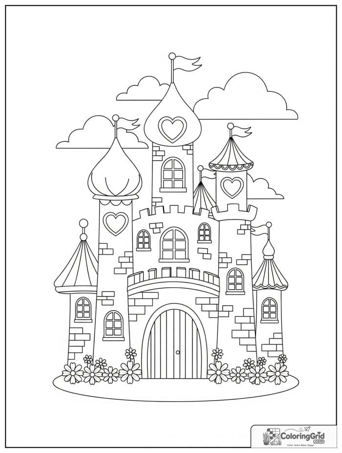 Castle coloring page featuring a storybook castle with rounded towers.
