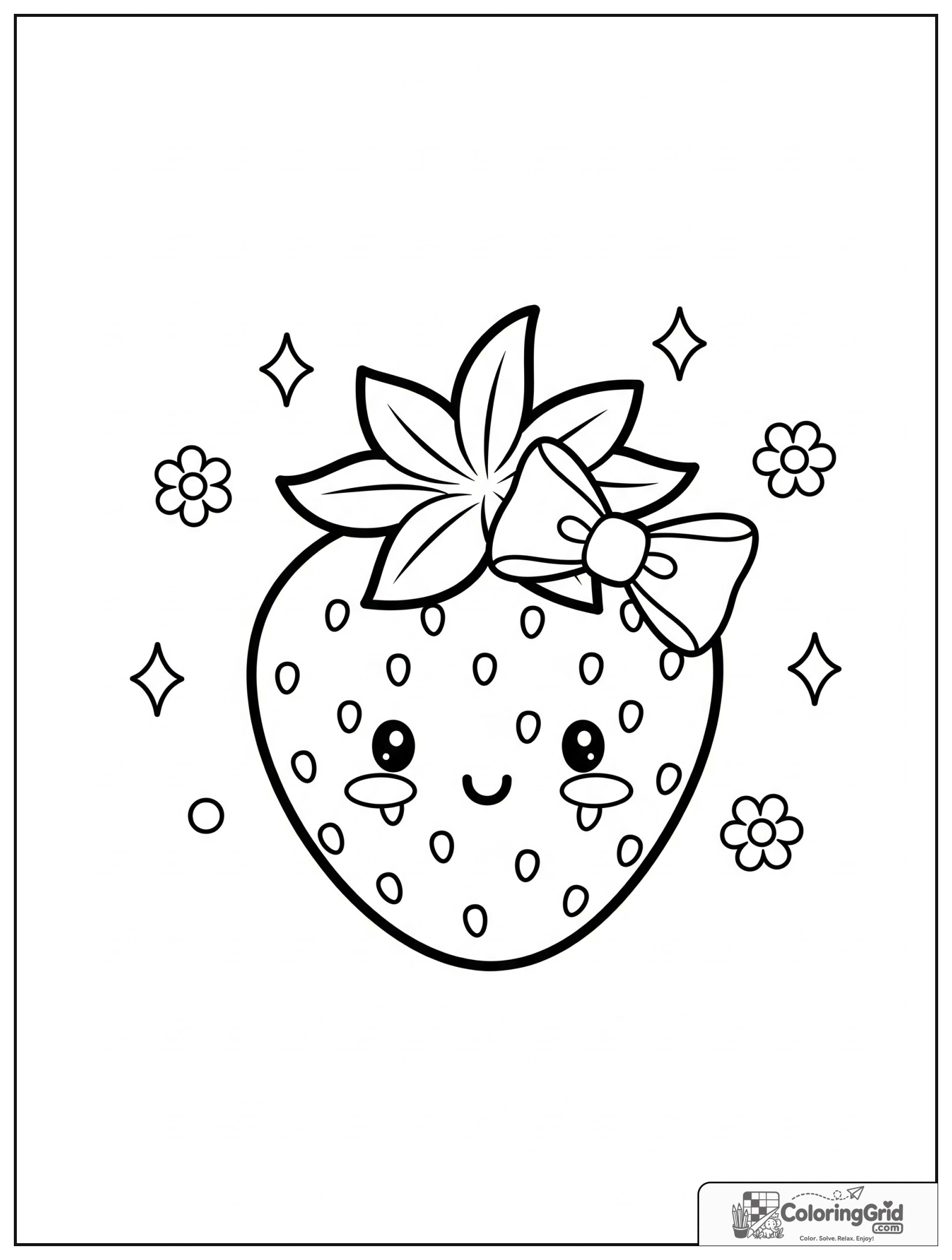 Cute strawberry with a bow and small floral decorations.