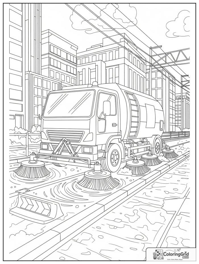 Truck coloring page featuring a street cleaning truck in a city lane.