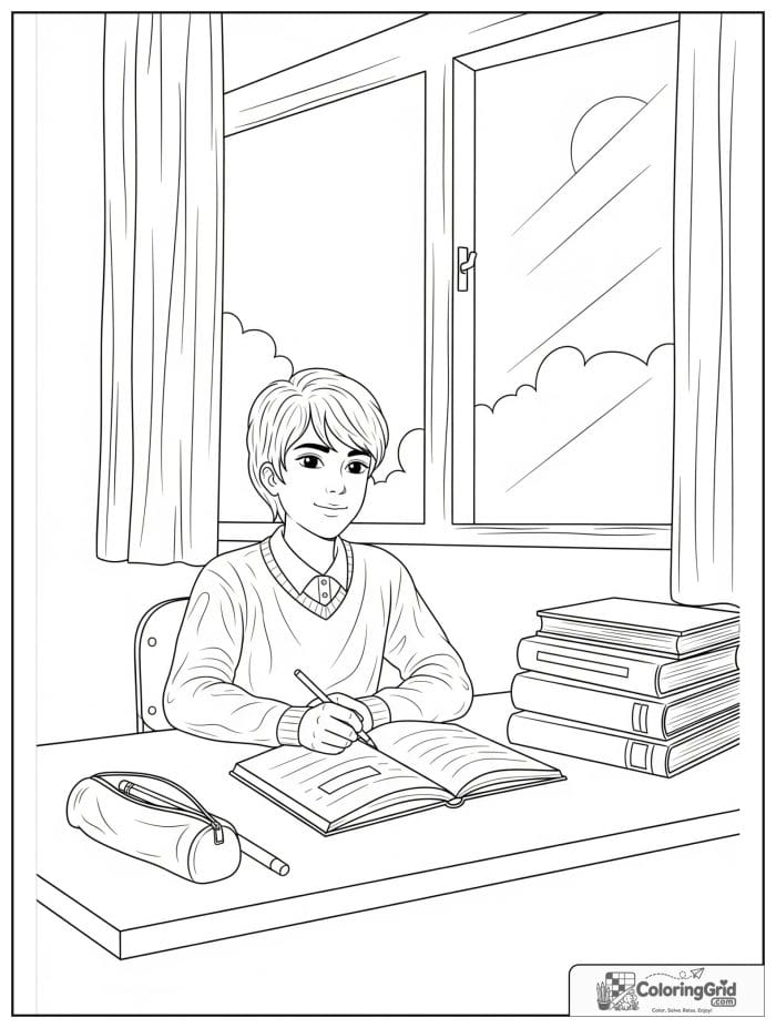 Back to school coloring page featuring a student sitting at a desk.