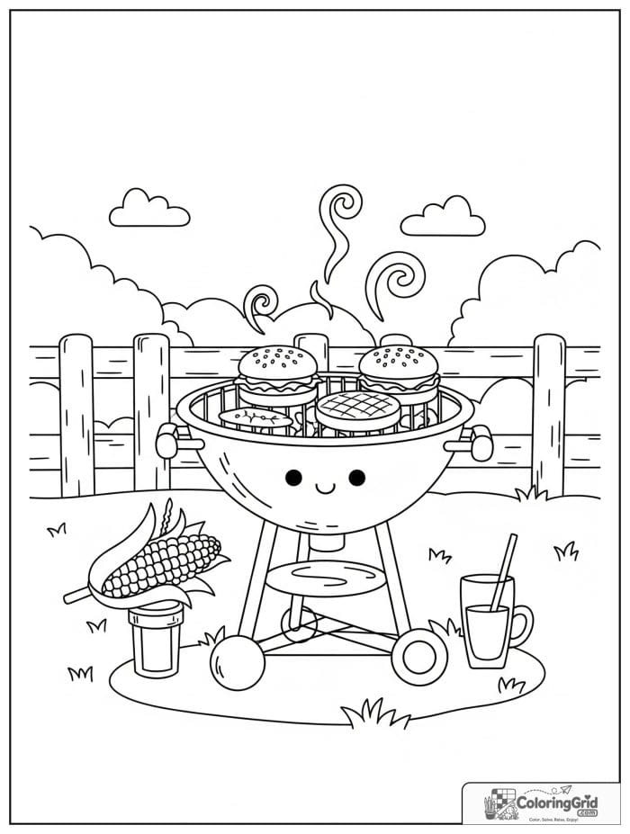 Summer Coloring Pages featuring a barbecue grill scene.
