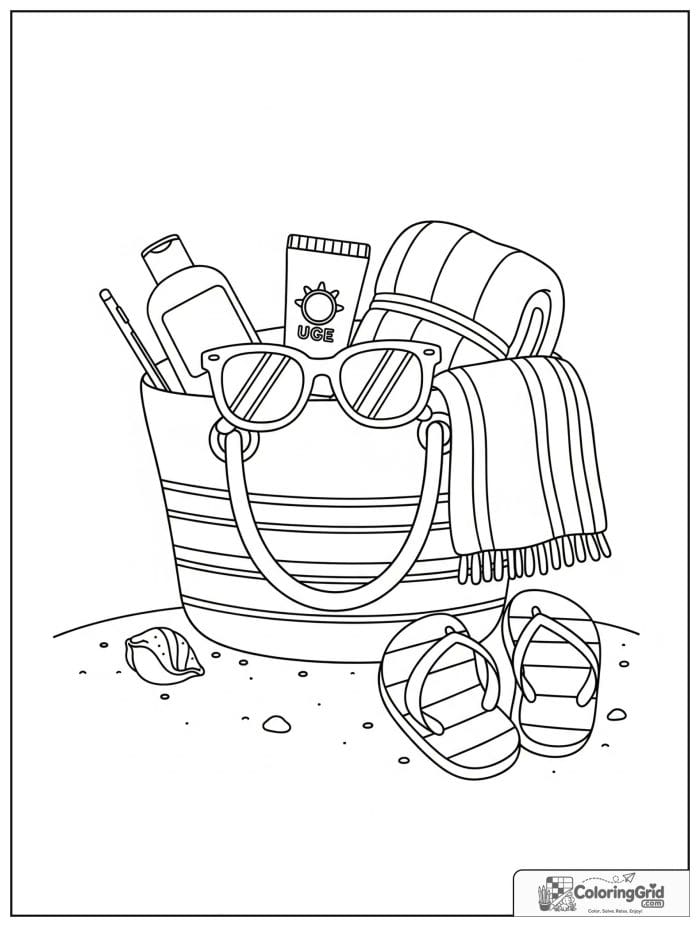 Summer Coloring Pages featuring a beach bag with summer essentials.