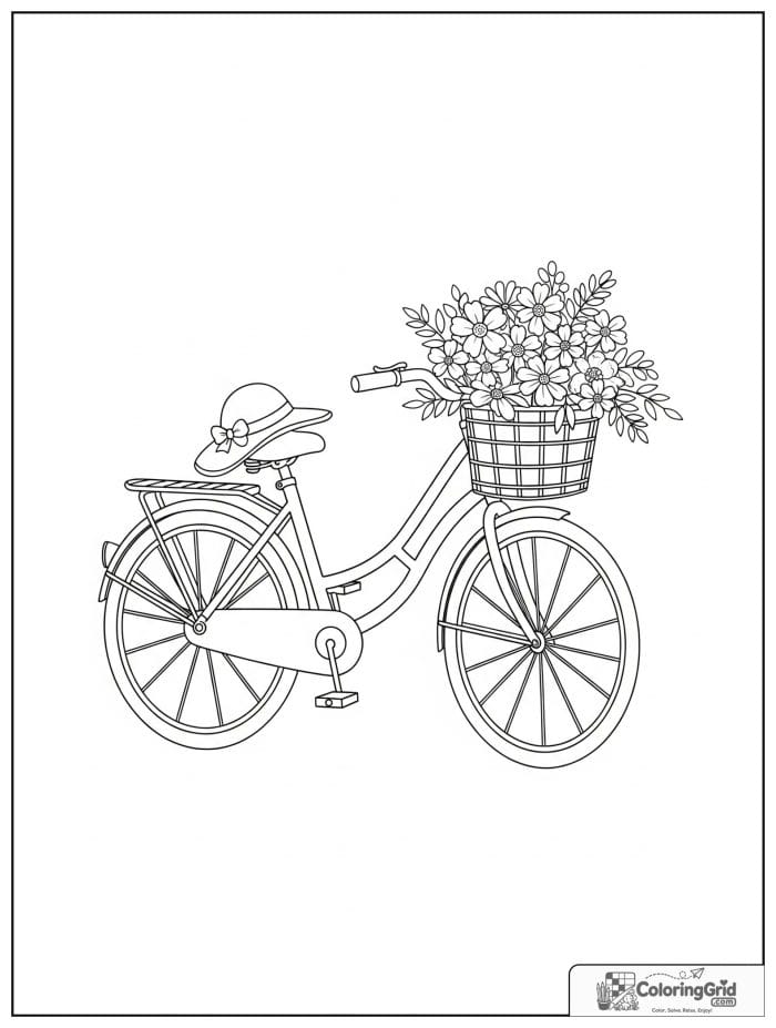 Summer Coloring Pages featuring a bicycle with a flower basket.
