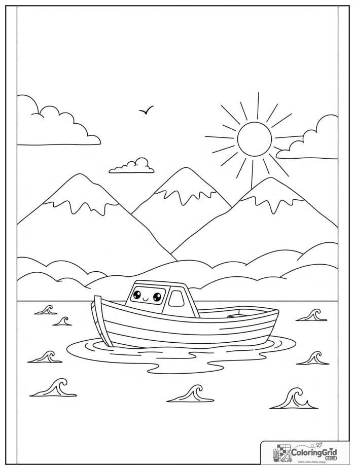 Summer Coloring Pages showing a boat on a lake.