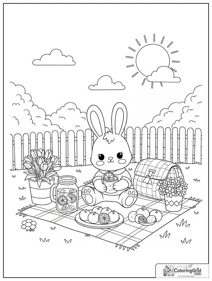 Summer Coloring Pages featuring a bunny on a picnic blanket.