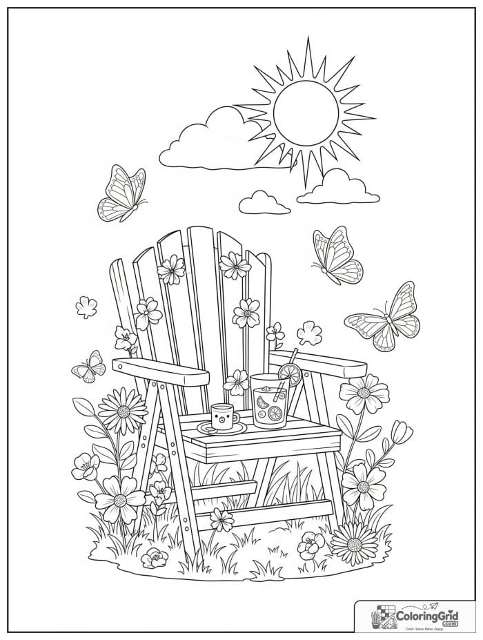 Summer Coloring Pages showing a garden chair with butterflies.