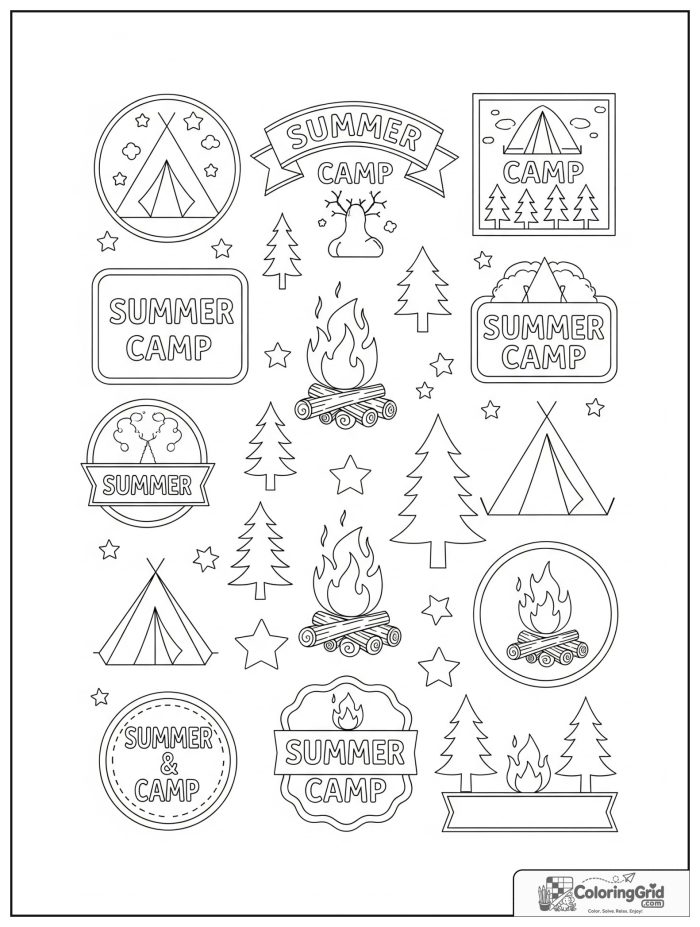 Summer Camp Coloring Pages featuring a summer camp badge collection.