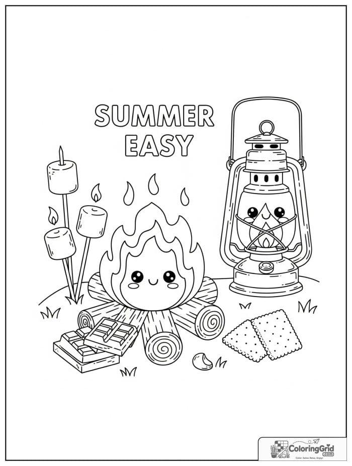 Summer Coloring Pages featuring a campfire s'more scene.