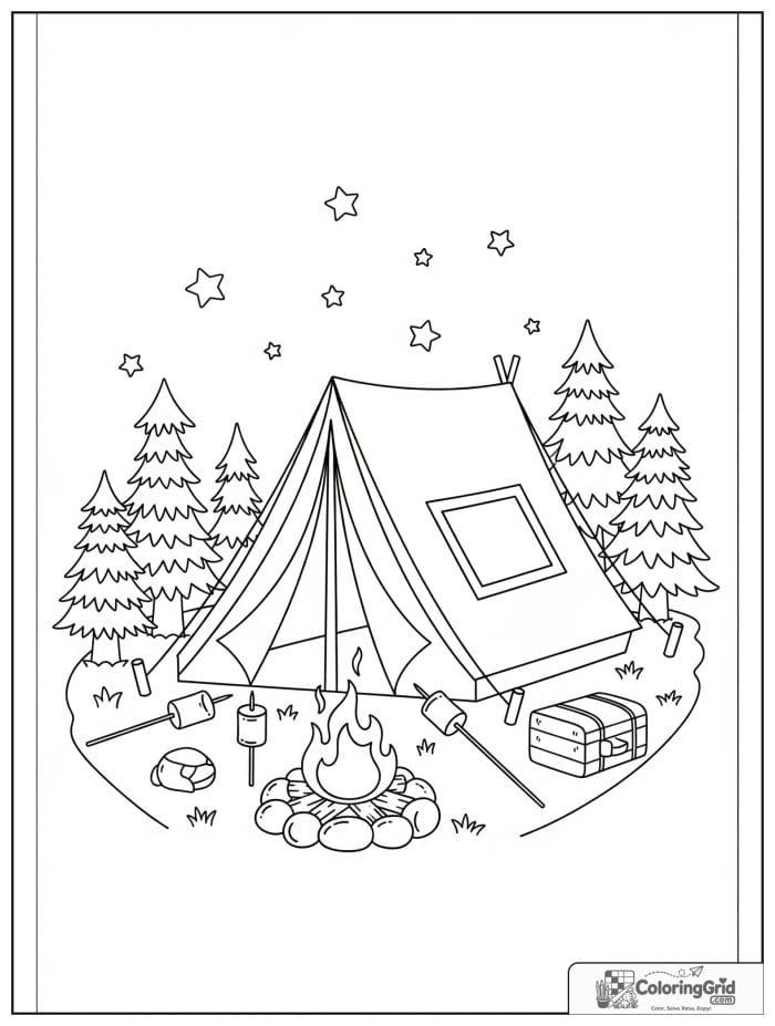 Summer Coloring Pages showing a camping tent scene.