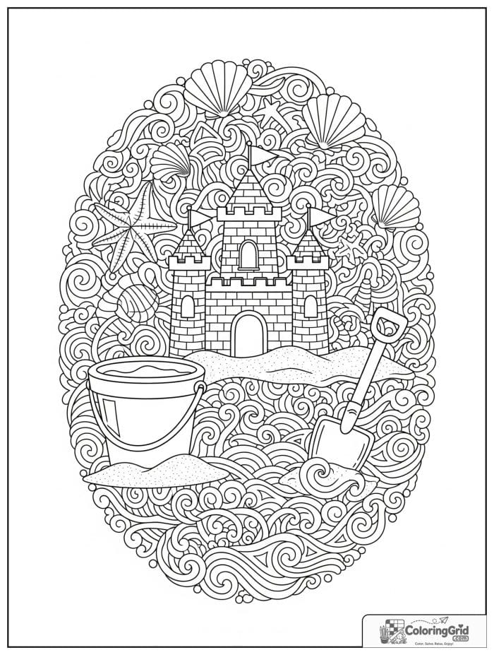 Summer Coloring Pages showing a detailed sandcastle and beach toys scene.