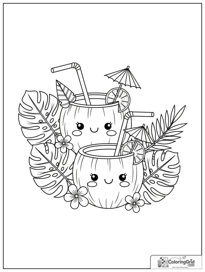 Summer Coloring Pages featuring two coconut drinks.