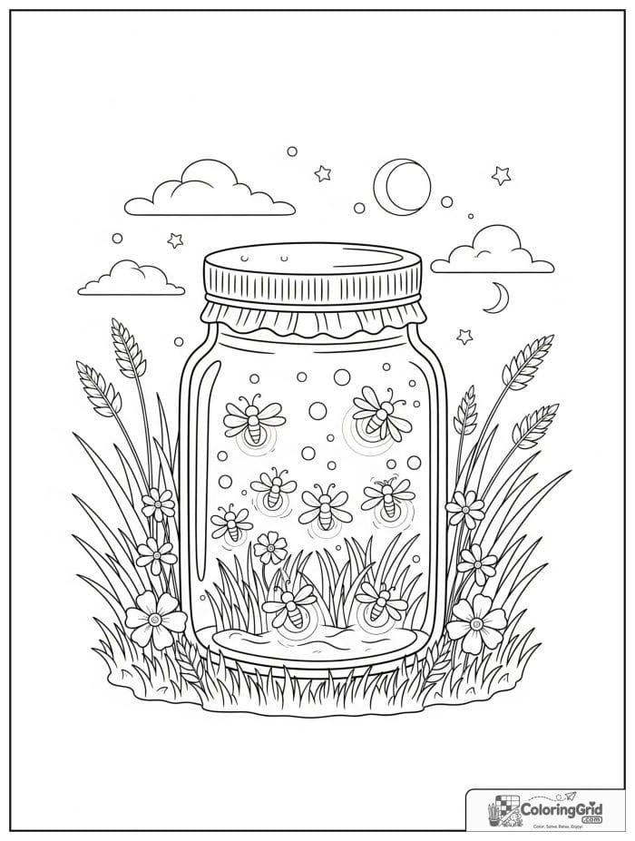 Summer Coloring Pages showing fireflies in a jar.