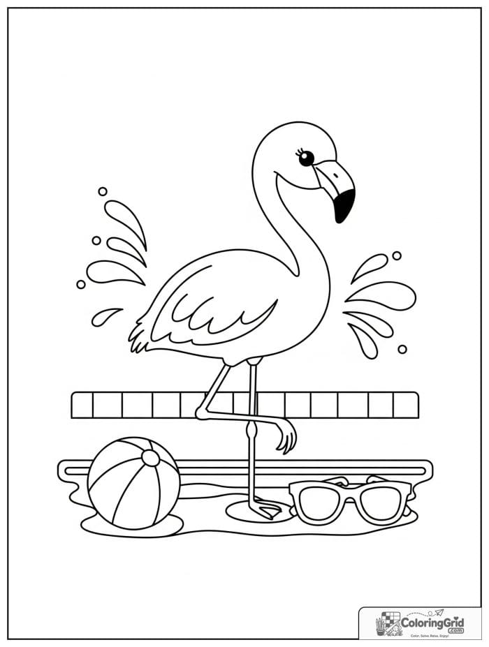 Summer Coloring Pages showing a flamingo by the pool.