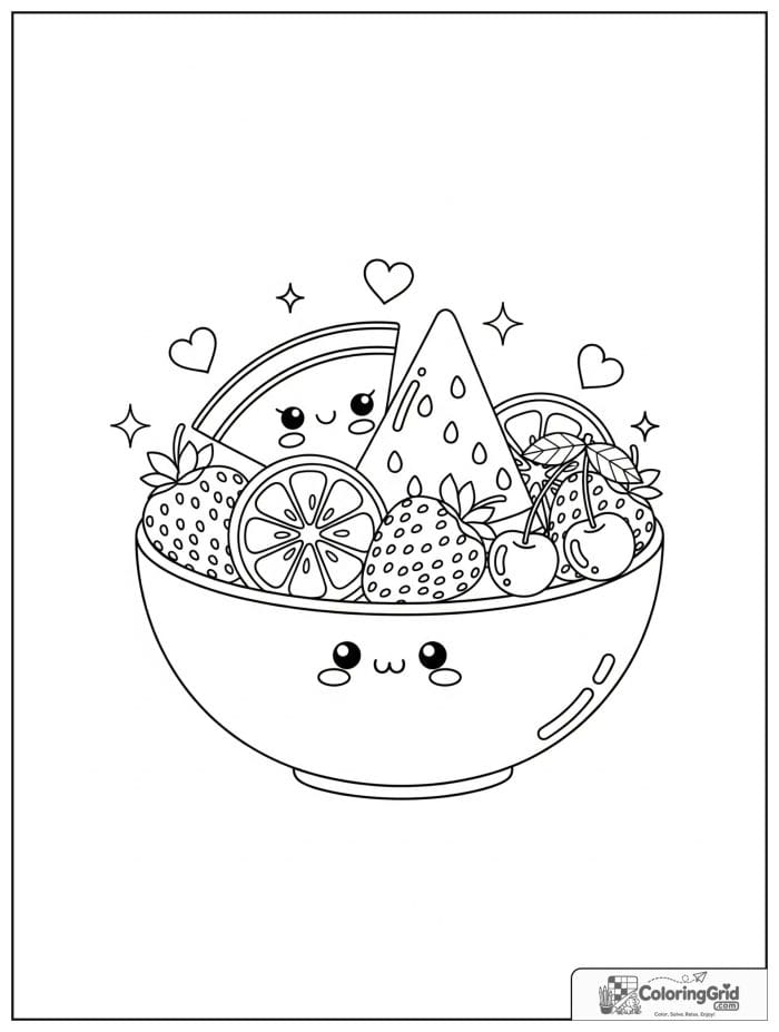 Summer Coloring Pages featuring a bowl of summer fruit.