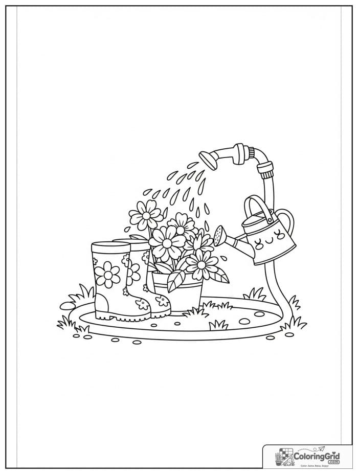 Summer Coloring Pages showing a garden hose splash scene.