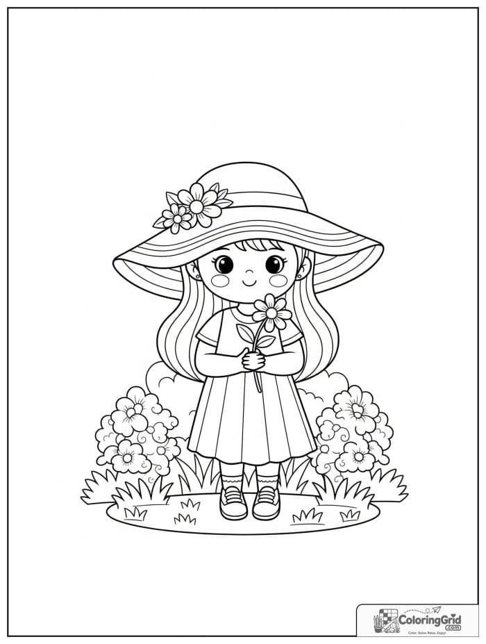 Summer Coloring Pages showing a girl in a sun hat.