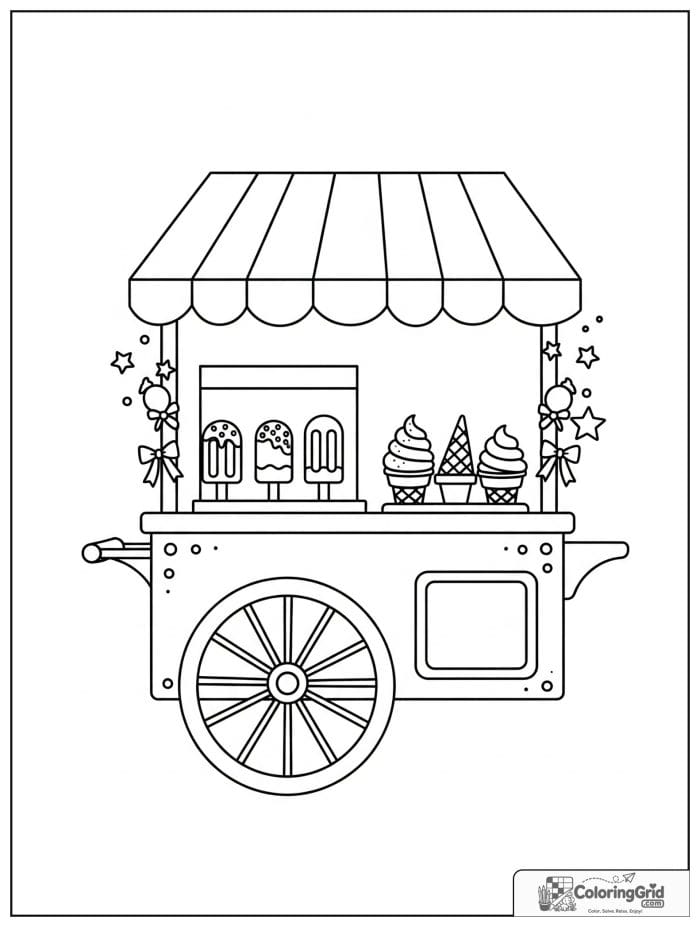 Summer Coloring Pages showing a cute ice cream cart.