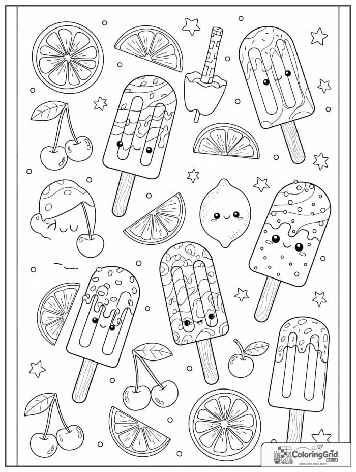 Summer Coloring Pages featuring a decorative ice pop pattern scene.