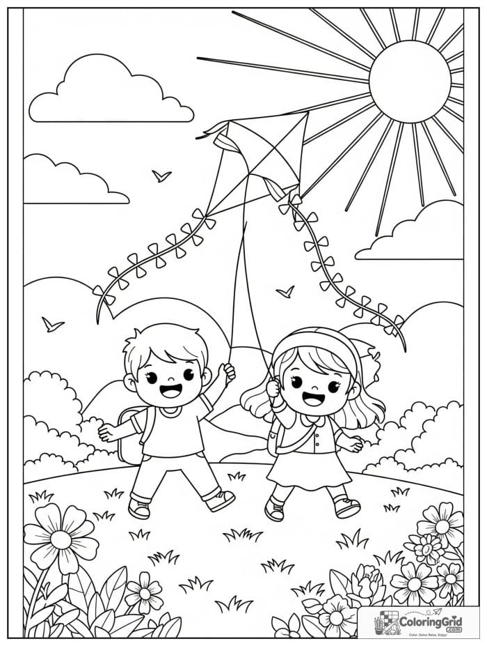 Summer Coloring Pages featuring kids flying a kite.