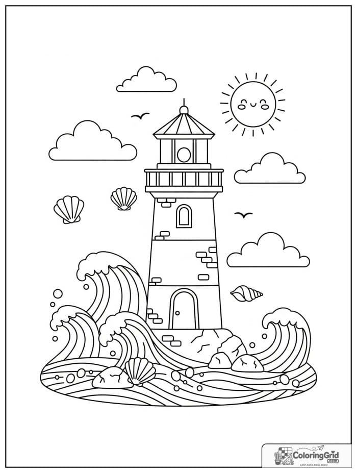 Summer Coloring Pages showing a lighthouse by the sea.