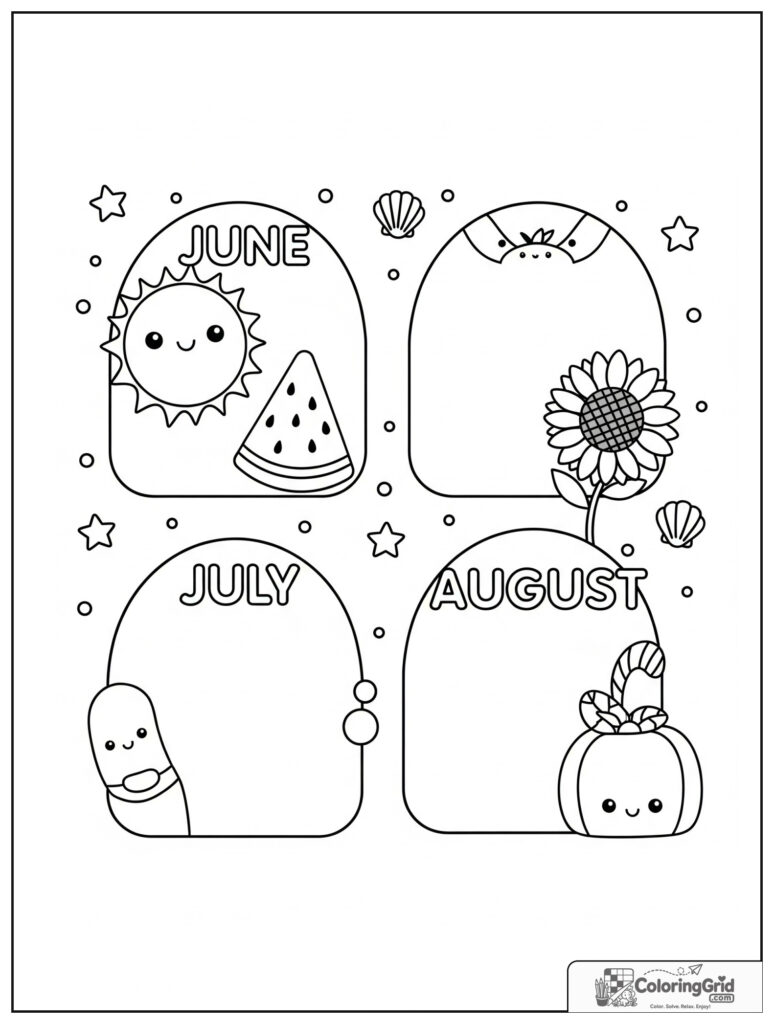 Cute summer months collage with June July and August themes.