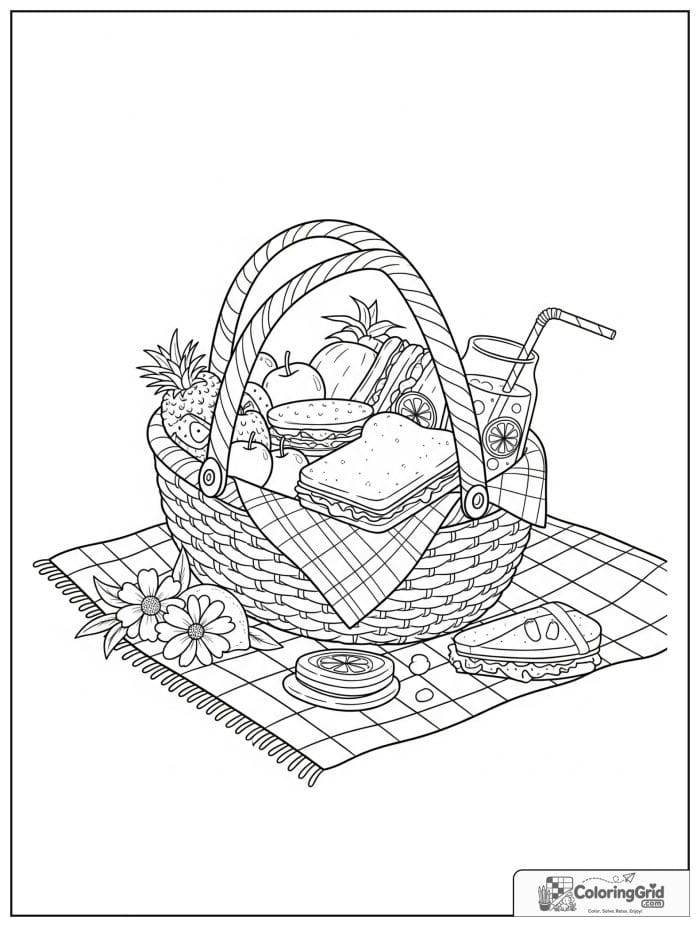 Summer Coloring Pages featuring a picnic basket with fruit.