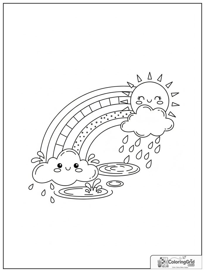 Weather Coloring Pages for Seasons featuring a summer rainbow after rain.