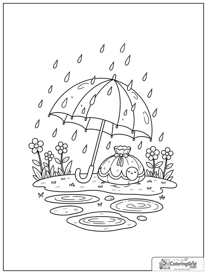 Weather Coloring Pages for Seasons showing a summer rainstorm with an umbrella.