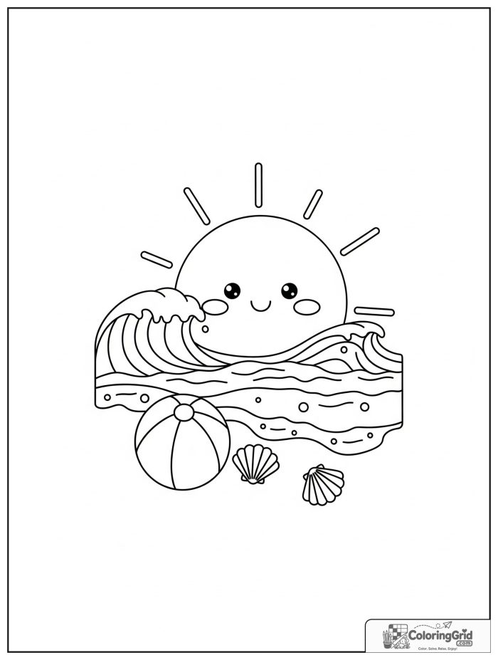 Weather Coloring Pages for Seasons showing a summer sun over the beach.