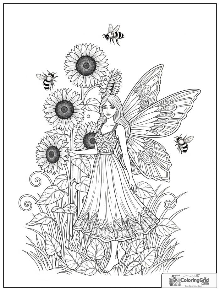 Fairy coloring page featuring a summer fairy in a sunflower field.