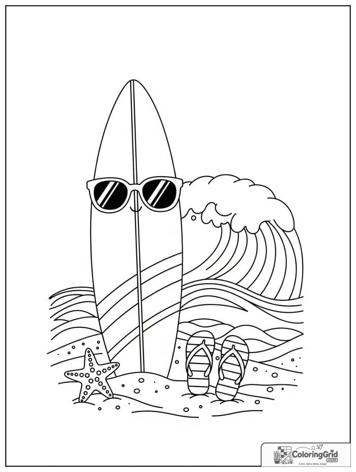 Summer Coloring Pages featuring a surfboard on the sand.