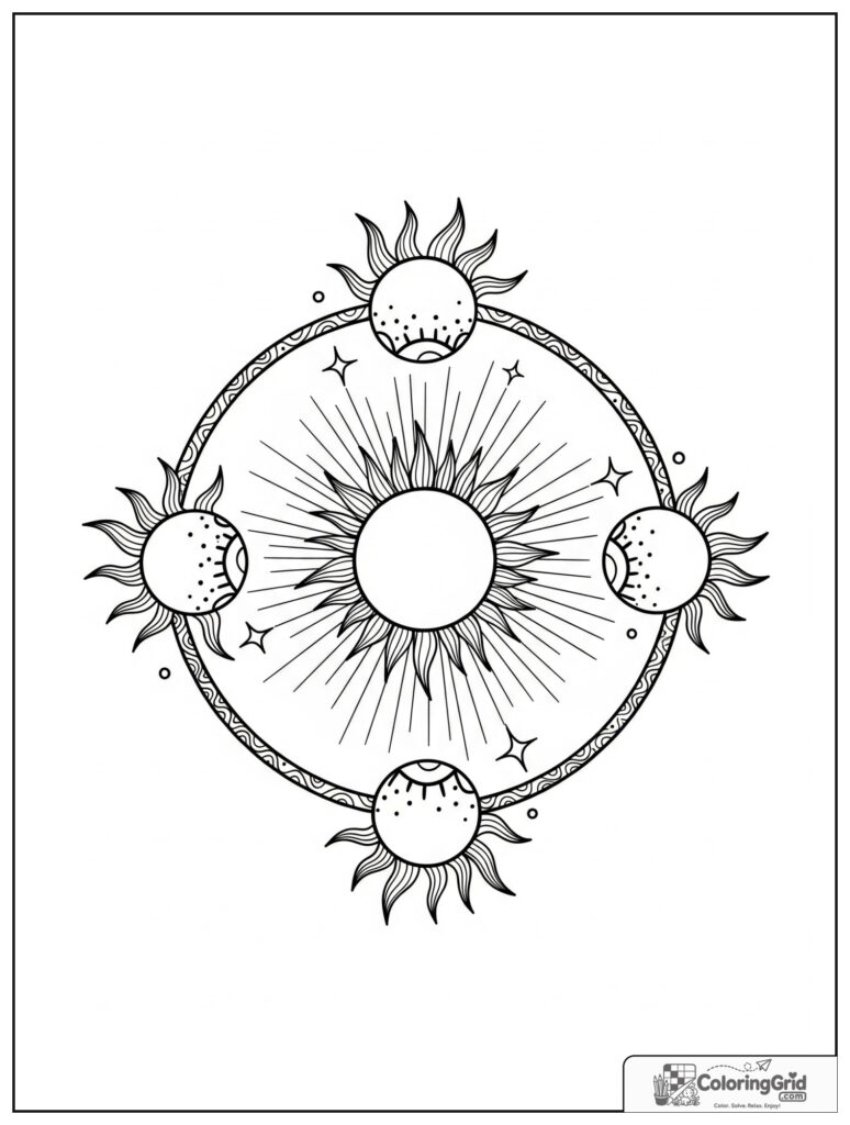Sun and moon balance mindfulness mandala with zentangle rays